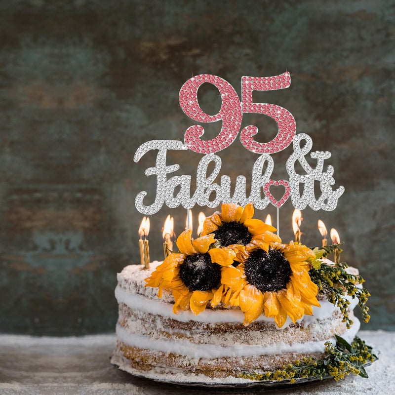 LASKYER 95 & Fabulous Peach Red & Silver Rhinestone Cake Topper - Happy 95th Birthday Cheers to 95 Years Old Bday Party Metal Sparkly Food Centerpieces Topper Decorations Keepsake. - Image 4